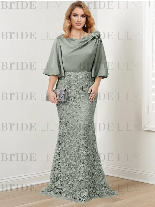 Silver Gray guipure lace skirt mother of the bride gown with satin bell top