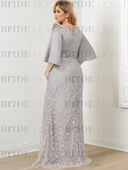 Back view of the silver grey lace skirt and satin top gown