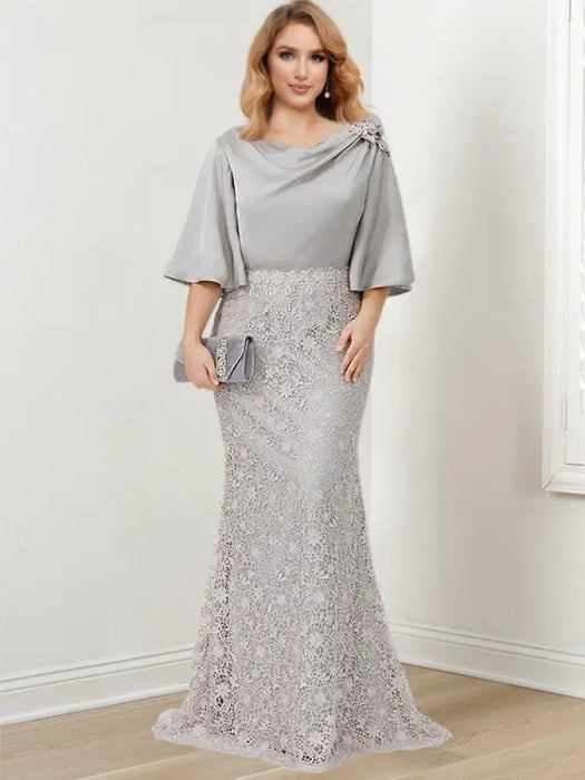 Guipure lace skirt gown with a draped satin bell sleeve top in silver grey