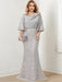 Guipure lace skirt gown with a draped satin bell sleeve top in silver grey