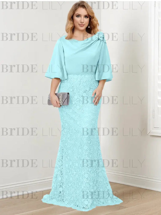 Sky Blue guipure lace skirt mother of the bride gown with satin bell top