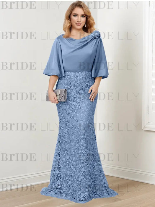 Steel Blue guipure lace skirt mother of the bride gown with satin bell top