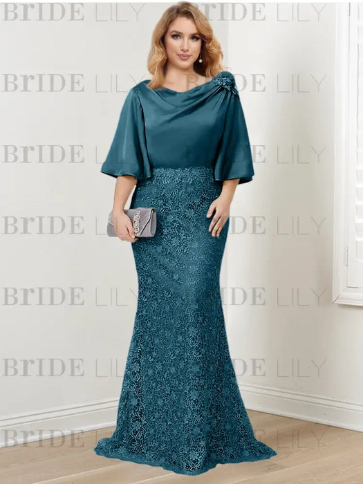 Teal guipure lace skirt mother of the bride gown with satin bell top