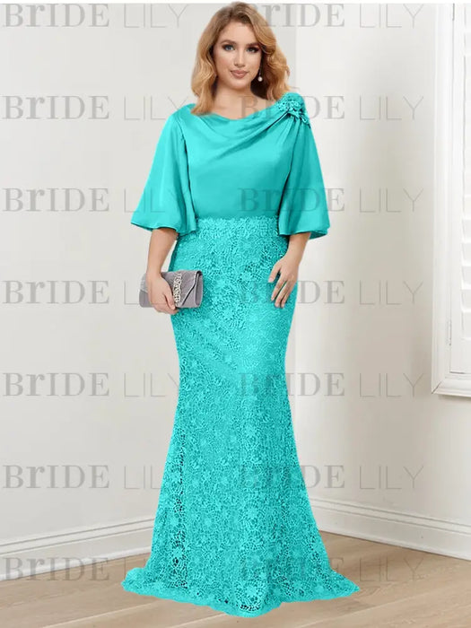 Turquoise guipure lace skirt mother of the bride gown with satin bell top
