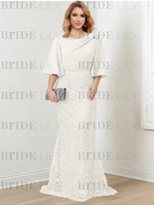Guipure lace skirt gown with a satin bell sleeve top in white