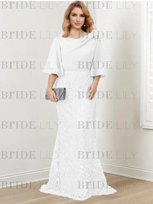 White guipure lace skirt mother of the bride gown with satin bell top