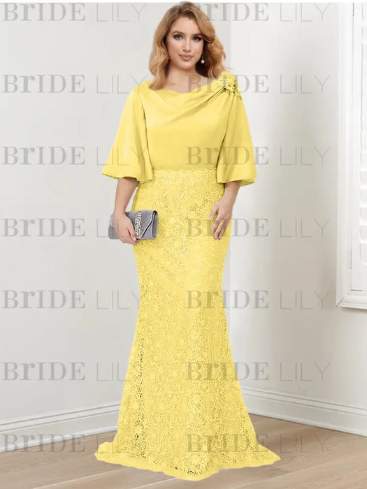 Yellow guipure lace skirt mother of the bride gown with satin bell top