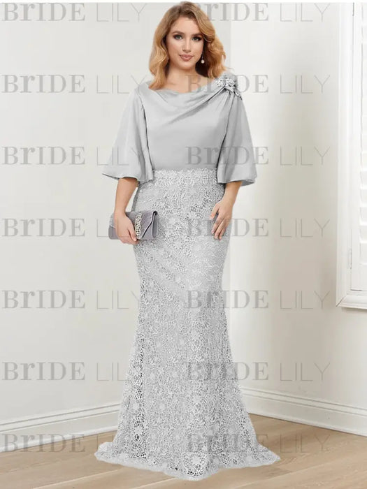 Full length view of the silver grey lace and satin two piece gown