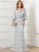 Full length view of the silver grey lace and satin two piece gown