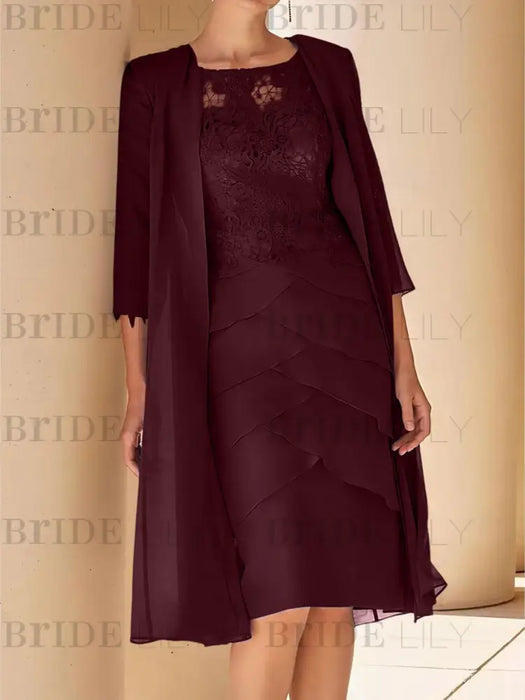 Burgundy lace bodice dress worn with a long chiffon duster