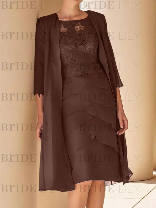 Chocolate lace bodice dress worn with a long chiffon duster