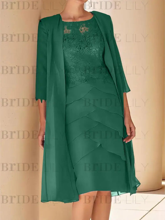 Dark Green mother of the bride lace bodice knee dress with long duster