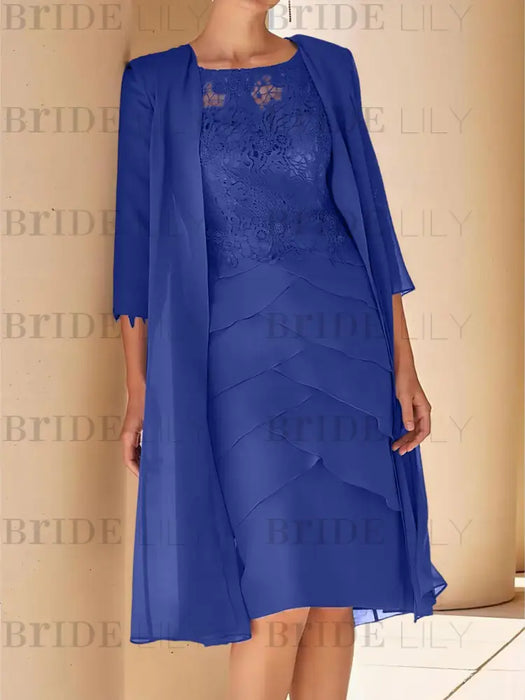 Dark Royal Blue mother of the bride lace bodice knee dress with long duster
