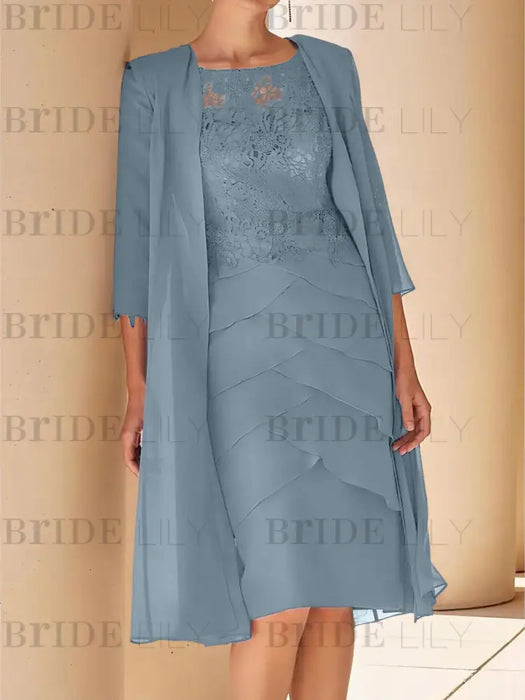 Dusty Blue mother of the bride lace bodice knee dress with long duster