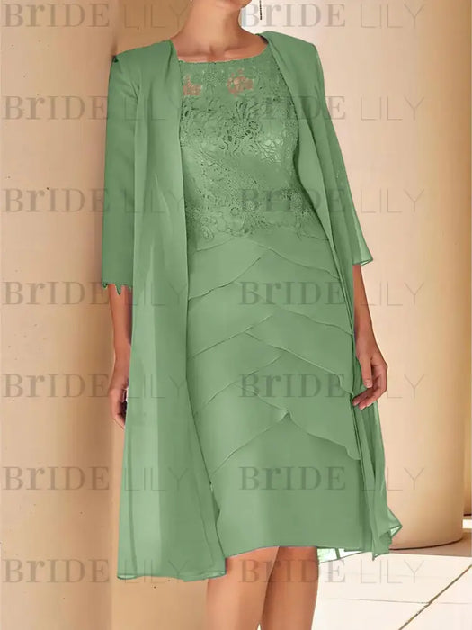 Dusty Sage mother of the bride lace bodice knee dress with long duster