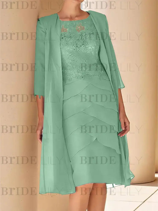 Eucalyptus mother of the bride lace bodice knee dress with long duster