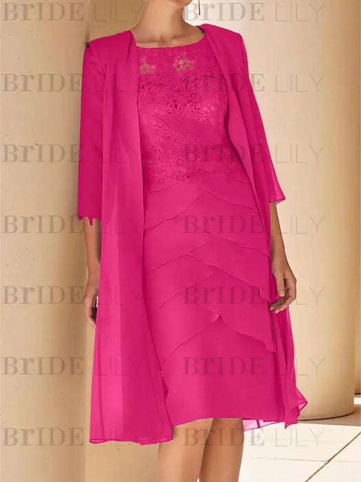 Fuchsia Pink mother of the bride lace bodice knee dress with long duster