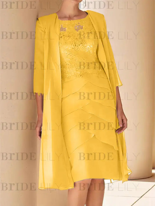 Gold mother of the bride lace bodice knee dress with long duster