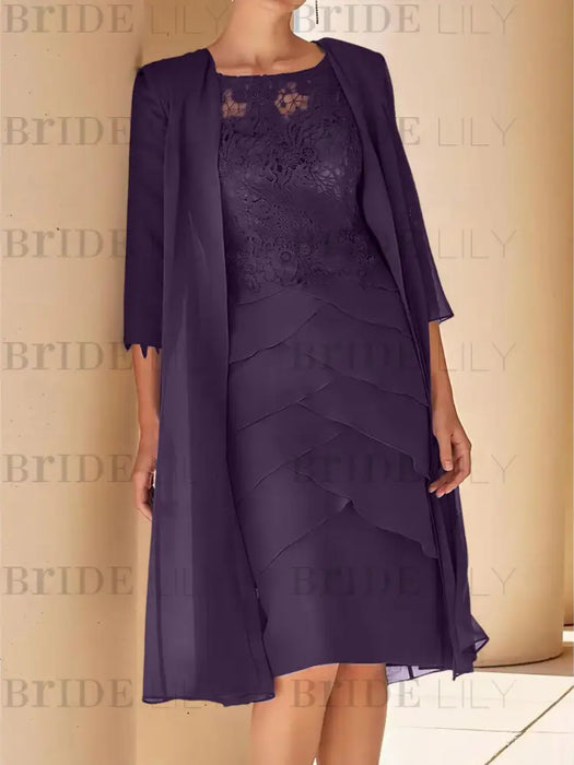 Grape mother of the bride lace bodice knee dress with long duster