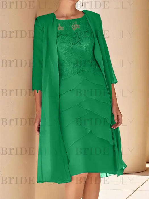 Green mother of the bride lace bodice knee dress with long duster