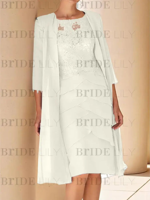 Ivory mother of the bride lace bodice knee dress with long duster