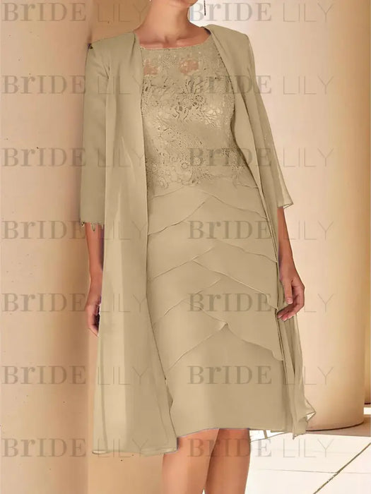 Khaki lace bodice dress worn with a long chiffon duster