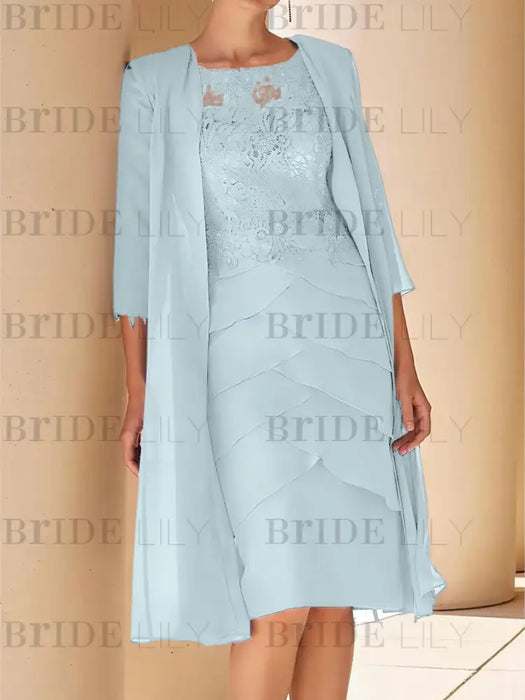 Light Blue mother of the bride lace bodice knee dress with long duster