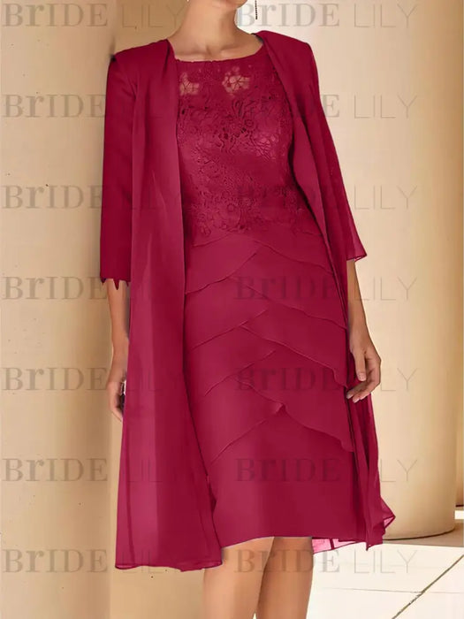 Light Burgundy mother of the bride lace bodice knee dress with long duster