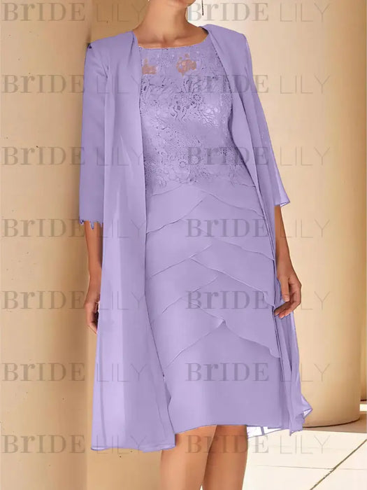 Lilac mother of the bride lace bodice knee dress with long duster