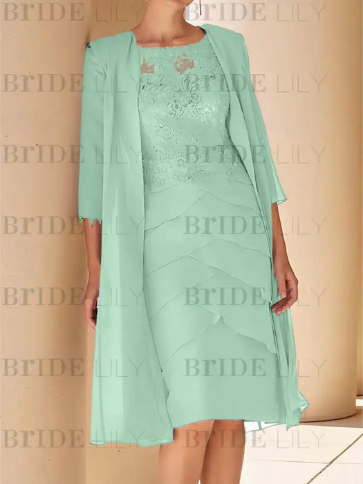 Mint Green mother of the bride lace bodice knee dress with long duster