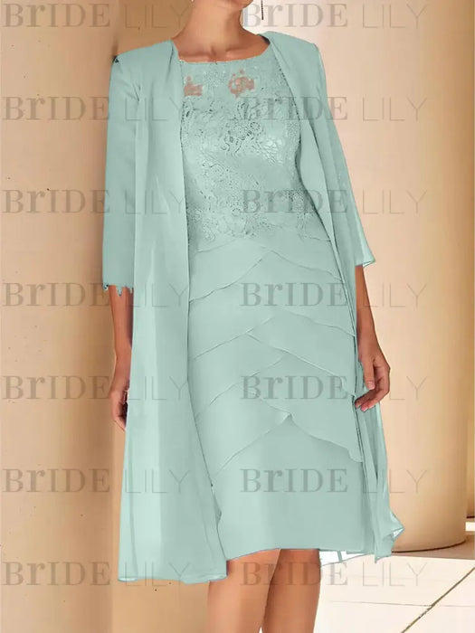 Mist Blue mother of the bride lace bodice knee dress with long duster