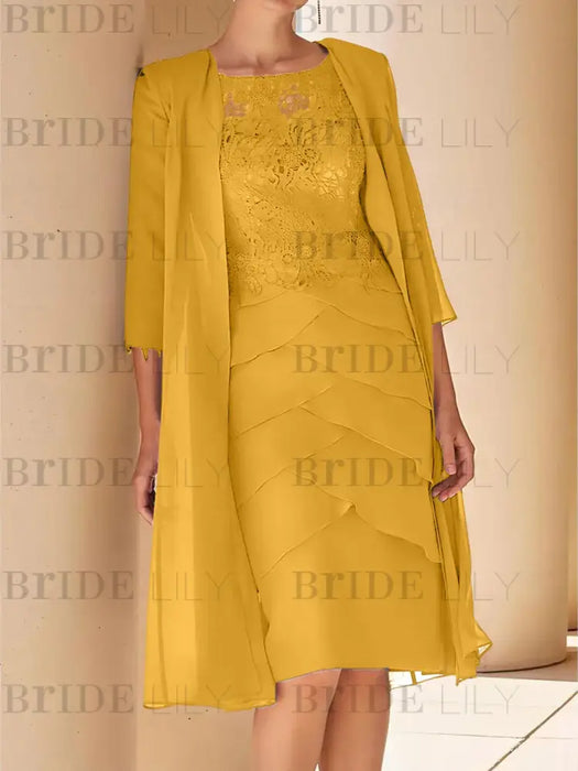 Mustard Yellow mother of the bride lace bodice knee dress with long duster