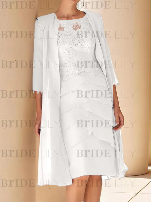 Off White mother of the bride lace bodice knee dress with long duster