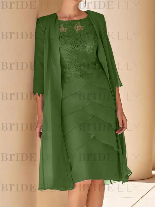Olive Green mother of the bride lace bodice knee dress with long duster