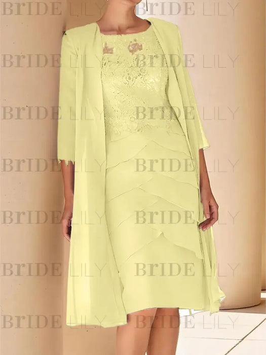 Pale Yellow mother of the bride lace bodice knee dress with long duster