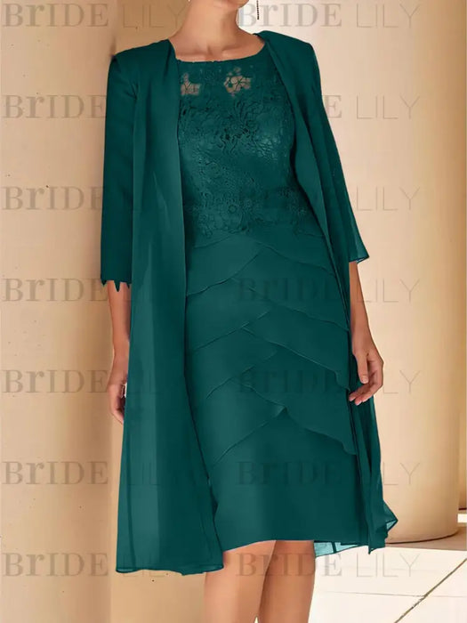Peacock mother of the bride lace bodice knee dress with long duster