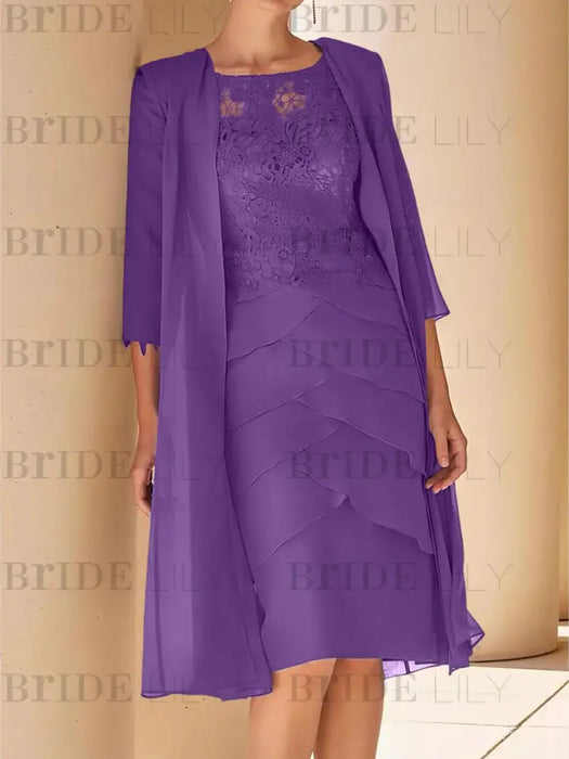 Purple mother of the bride lace bodice knee dress with long duster