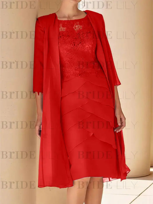 Red mother of the bride lace bodice knee dress with long duster