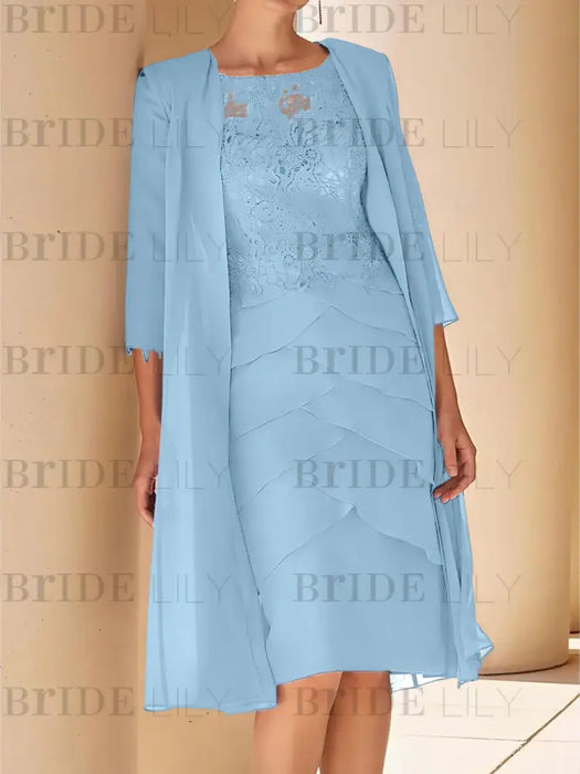 Sky Blue mother of the bride lace bodice knee dress with long duster