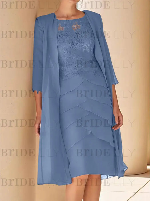 Steel Blue mother of the bride lace bodice knee dress with long duster
