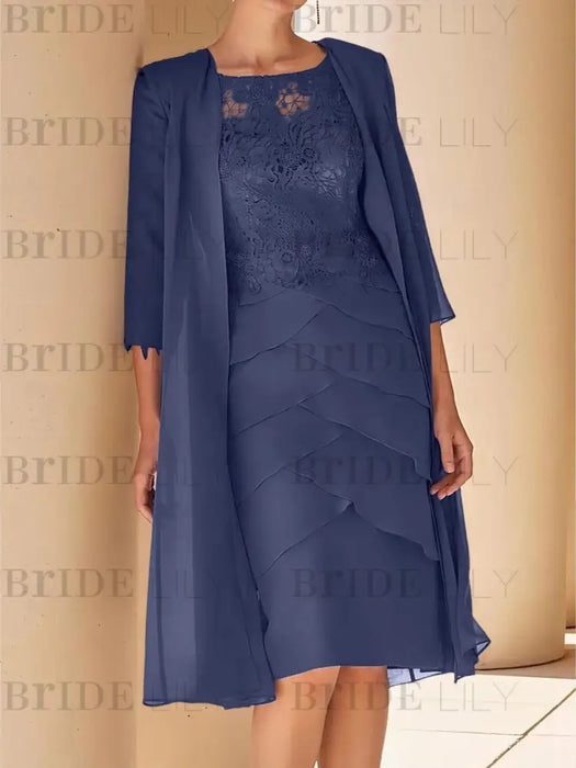 Stormy Blue mother of the bride lace bodice knee dress with long duster