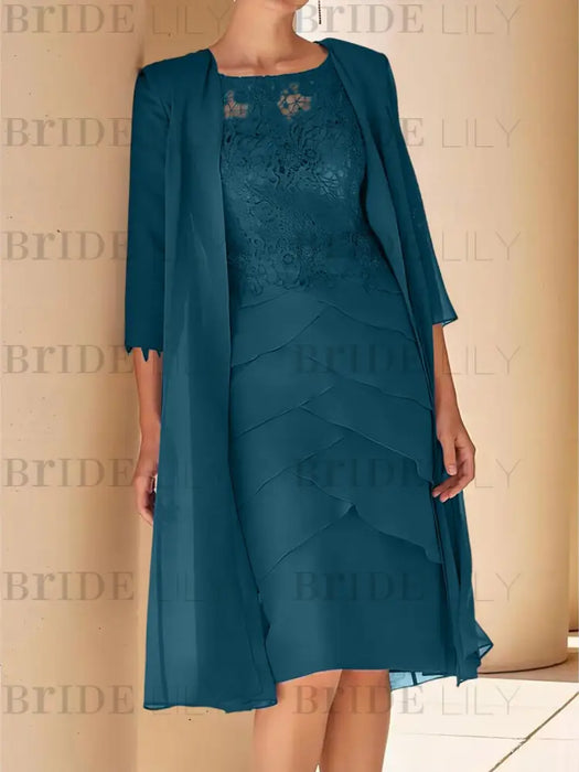 Teal mother of the bride lace bodice knee dress with long duster