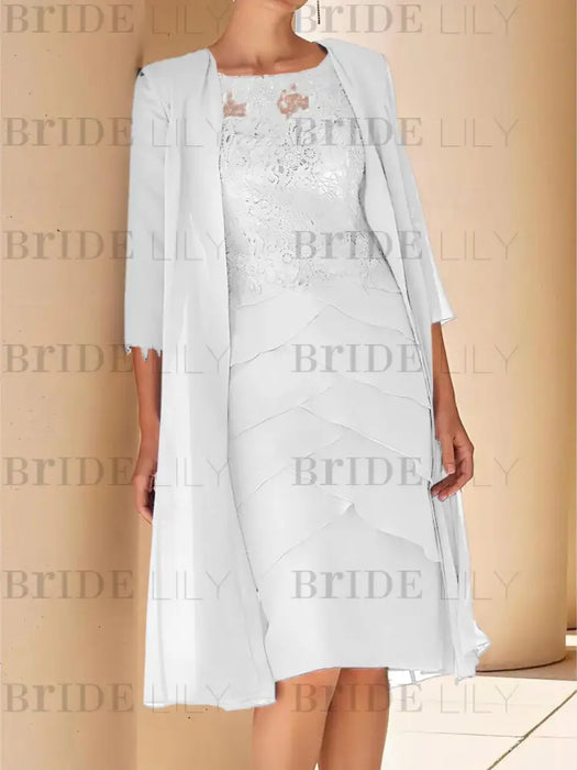 White mother of the bride lace bodice knee dress with long duster
