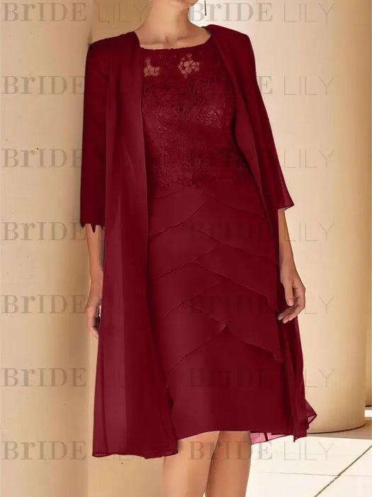 Wine Red mother of the bride lace bodice knee dress with long duster