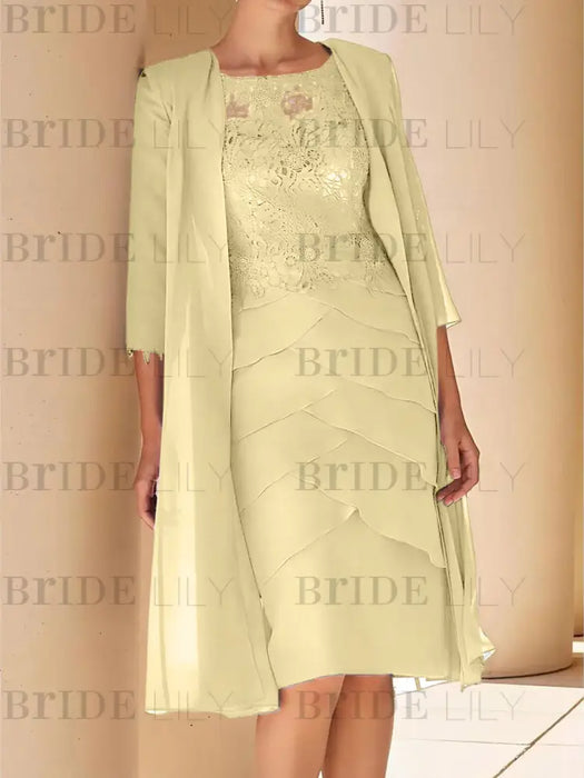 Yellow mother of the bride lace bodice knee dress with long duster