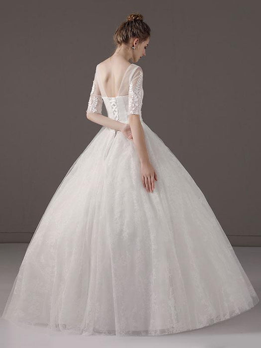 Wedding Dresses Princess Ball Gown Ivory Half Sleeve V Neck Lace Beaded Floor Length Bridal Dress