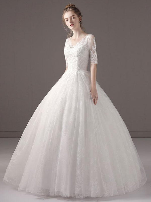 Wedding Dresses Princess Ball Gown Ivory Half Sleeve V Neck Lace Beaded Floor Length Bridal Dress