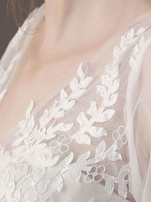 Wedding Dresses Princess Ball Gown Ivory Half Sleeve V Neck Lace Beaded Floor Length Bridal Dress