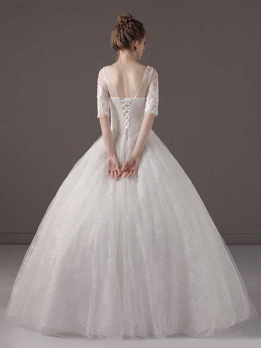 Wedding Dresses Princess Ball Gown Ivory Half Sleeve V Neck Lace Beaded Floor Length Bridal Dress