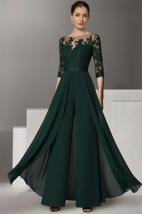 Dark Green Half Sleeves Chiffon Mother of Bride Jumpsuit with Appliques - Prom Dresses